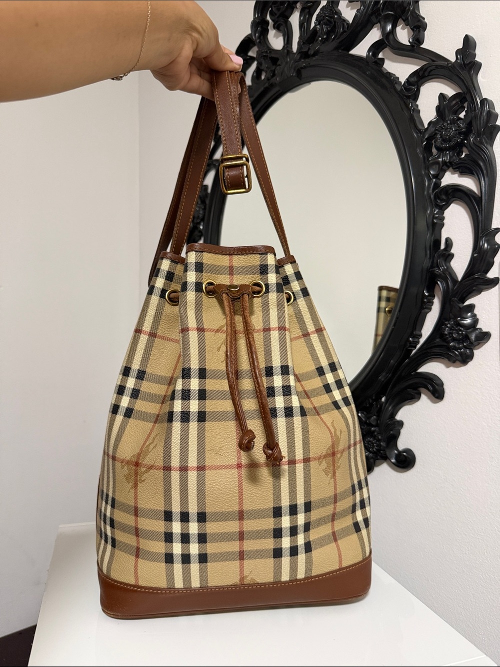 Burberry Vintage Beige Plaid Leather-Trim Drawstring Bucket Bag